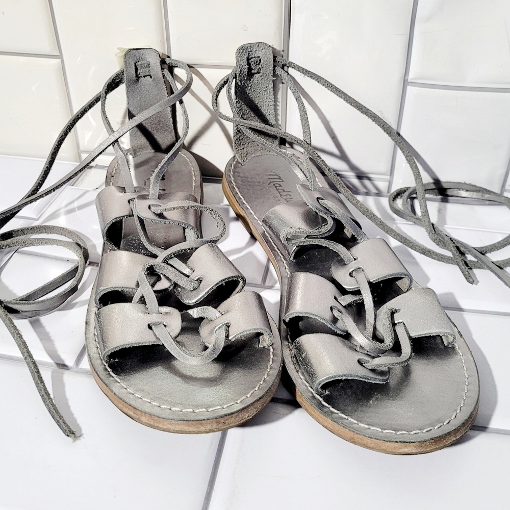 MADEWELL Boardwalk Silver Leather Flat Lace-up Sandals Rubber Sole